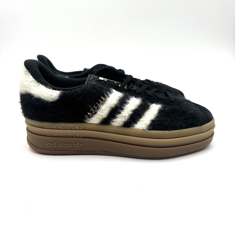 Adidas Gazelle Bold Furry Core Black/Cream White/Gold JS3907 Women's Size 6